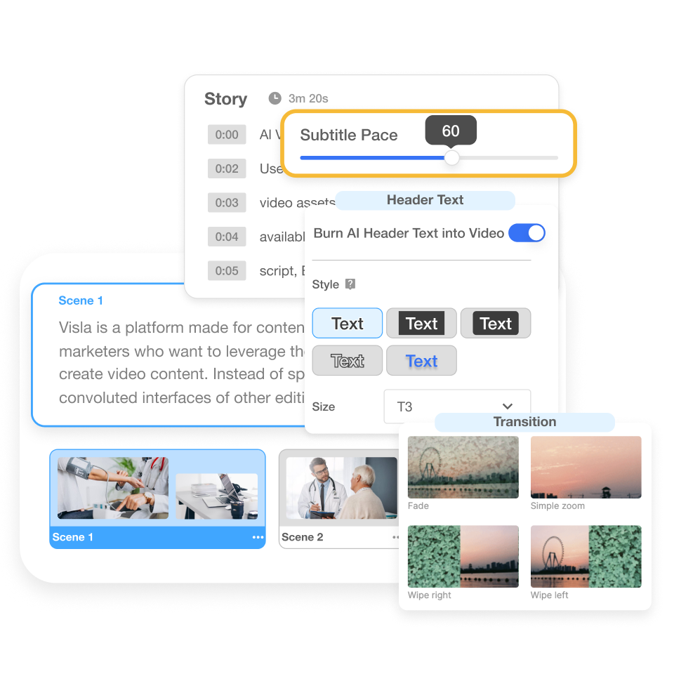Edit scenes and voiceover using Visla’s scene editor in the physician training video creator to enhance clarity and engagement.
